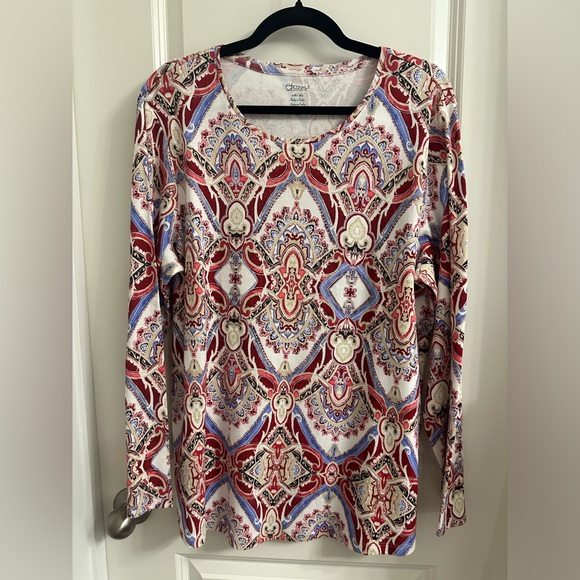 Chico’s Watercolor Medallion Scoop Neck Long Sleeve Tee SZ 3 Basic Knit Red - Picture 1 of 9
